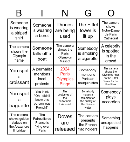 2024 Paris Opening Ceremony Bingo Card