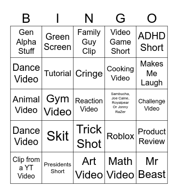 YT Shorts Bingo Card