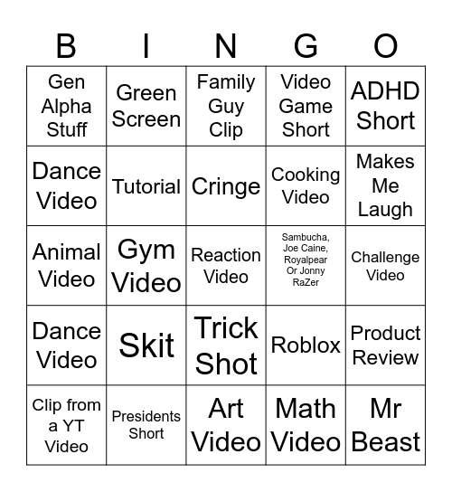 YT Shorts Bingo Card