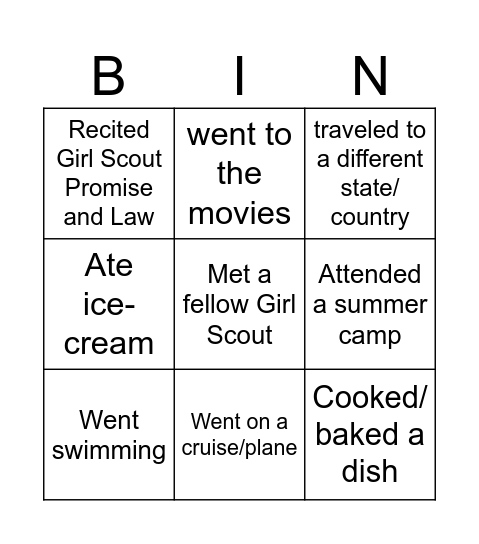 Summer Bingo Card