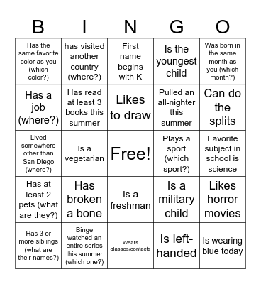 Band Camp Bingo Card