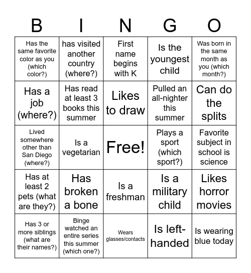 Band Camp Bingo Card