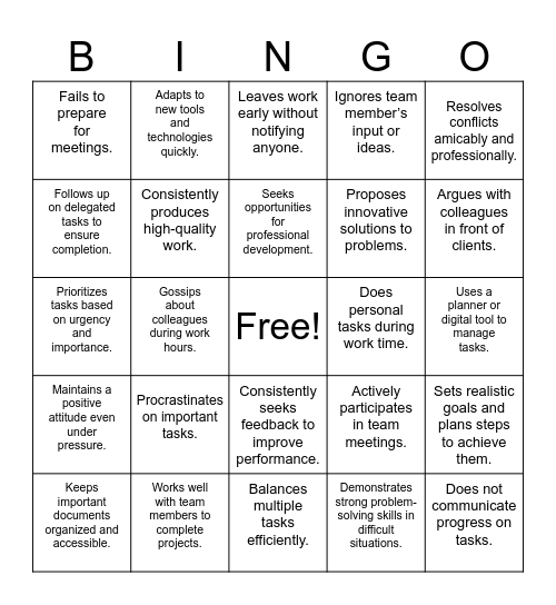 Workforce Readiness Bingo Card