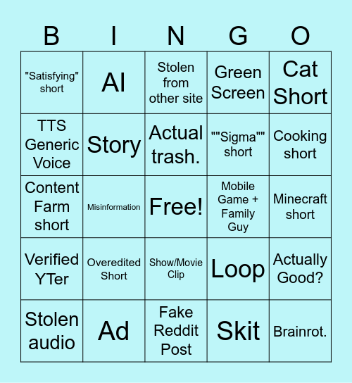 YT Shorts Bingo. (So original) Bingo Card