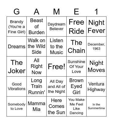 Summer Oldies Bingo Card