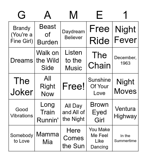 Summer Oldies Bingo Card