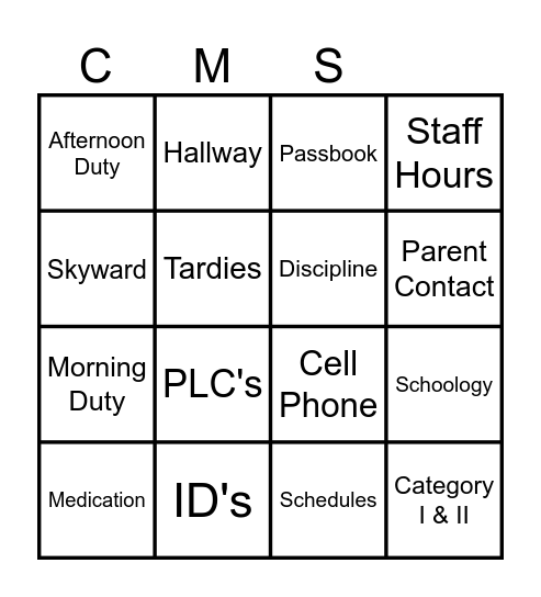 Back to School Bingo Card