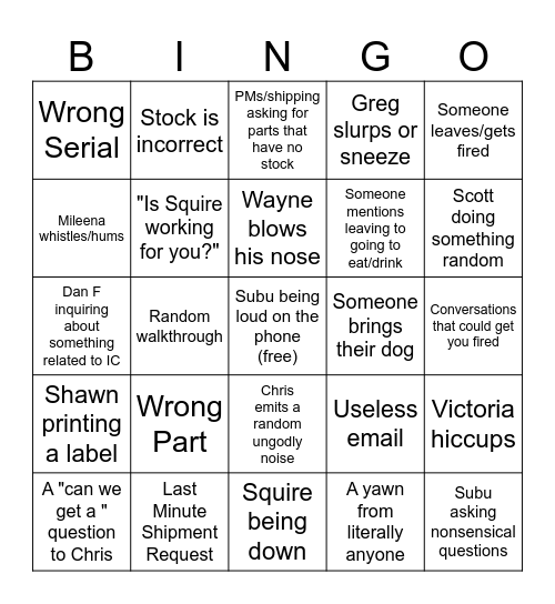 Spencer Bingo Card