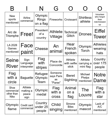 2024 Olympic Opening Ceremonies Bingo Card