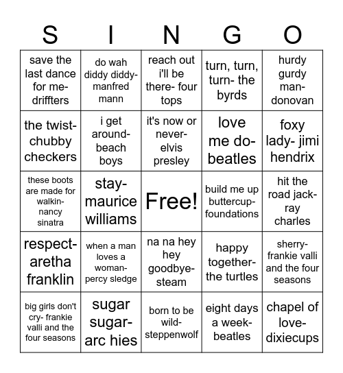 60's music Bingo Card