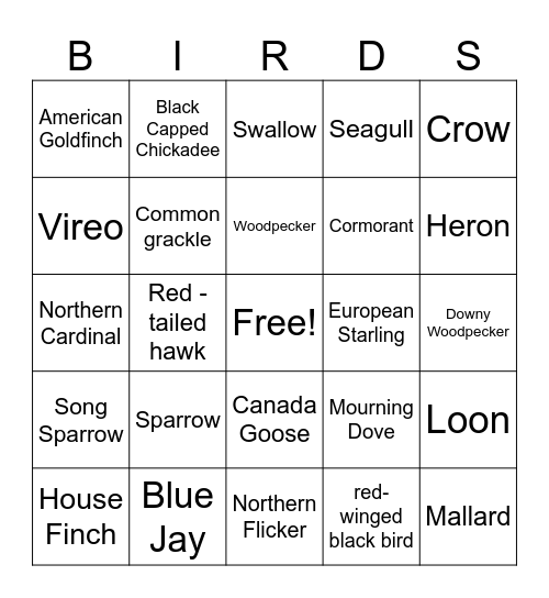 Birds Bingo Card