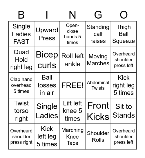 Senior Bingo Exercise Bingo Card