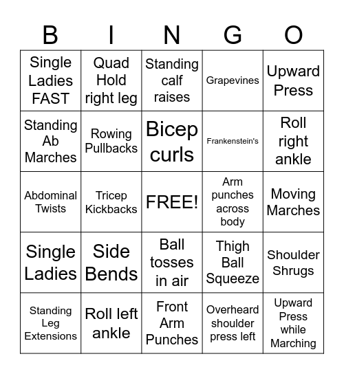 Senior Bingo Exercise Bingo Card