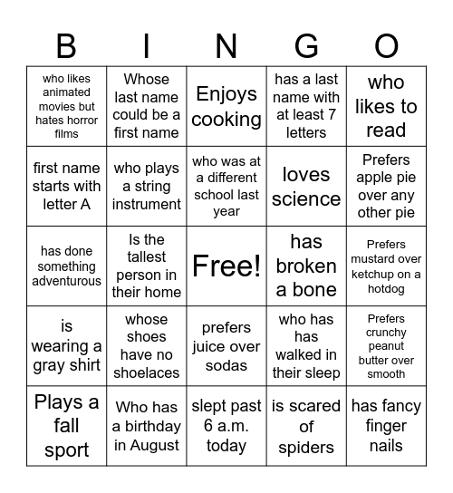 Human Scavenger Hunt- Find Someone Who... Bingo Card