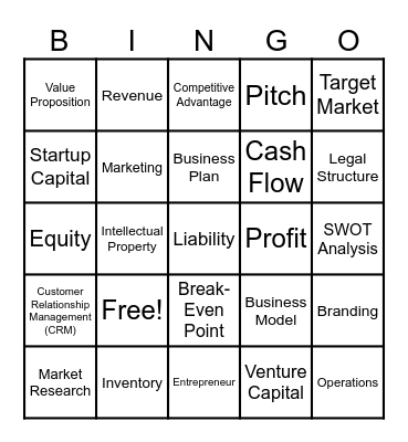 Entrepreneurship Vocabulary Bingo Card