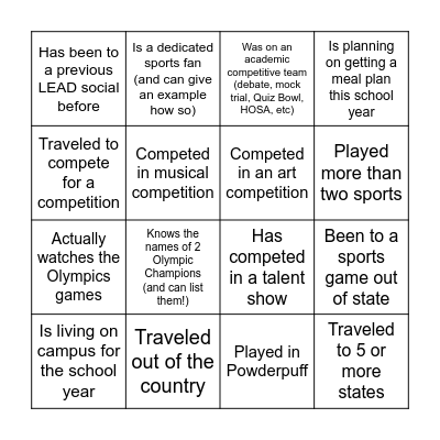 LEAD Scholars Olympics Social BINGO Card