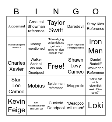 Deadpool Hype Bingo Card