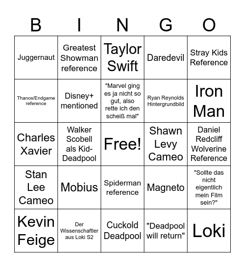 Deadpool Hype Bingo Card