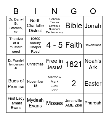 Jonahville AME Zion Back to School Bingo Card