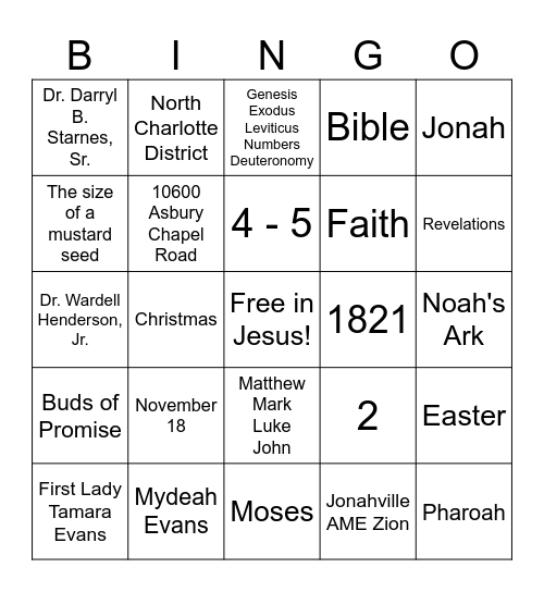 Jonahville AME Zion Back to School Bingo Card