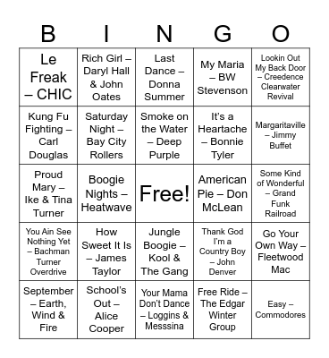 70's Hits Bingo Card