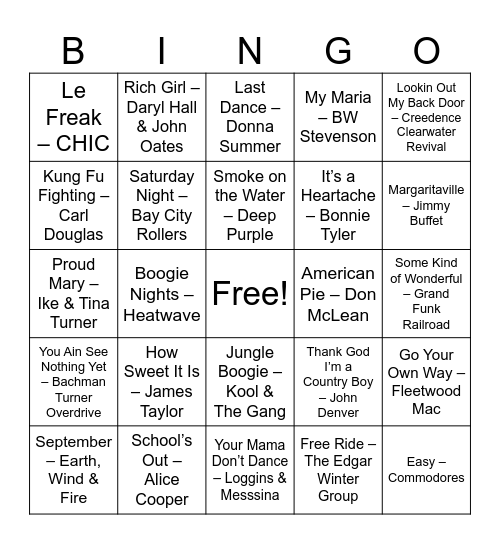 70's Hits Bingo Card