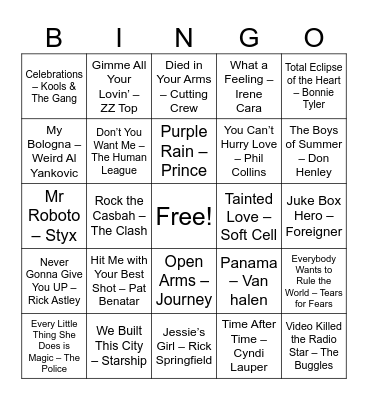 80s Hits Bingo Card