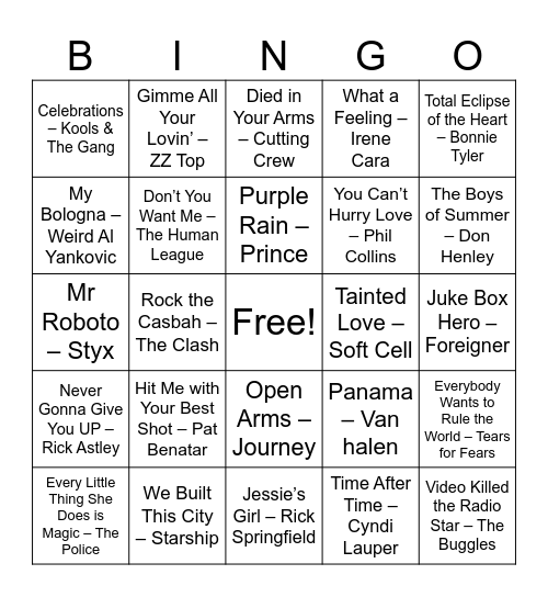 80s Hits Bingo Card