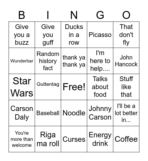 Carson Bingo Card