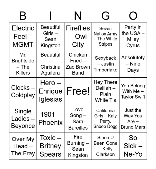 2000s Hits Bingo Card