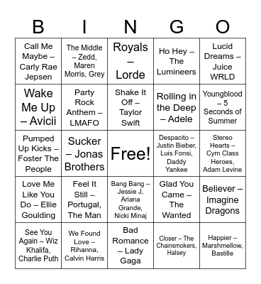 2010s Hits Bingo Card