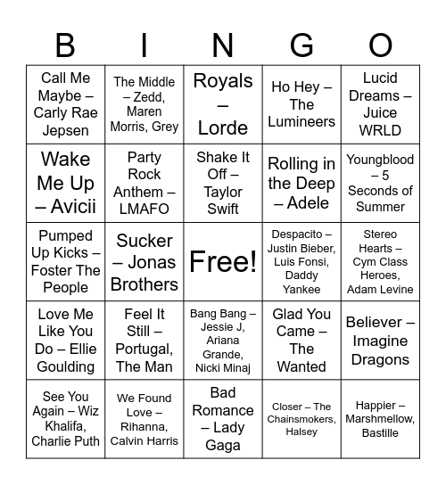2010s Hits Bingo Card