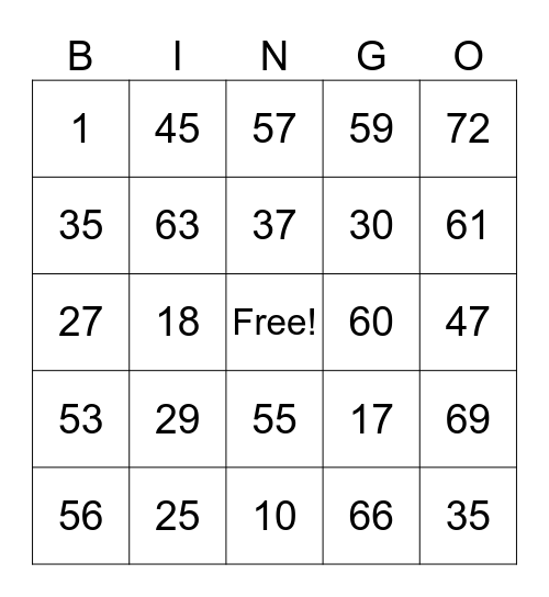 1-75 Bingo Card