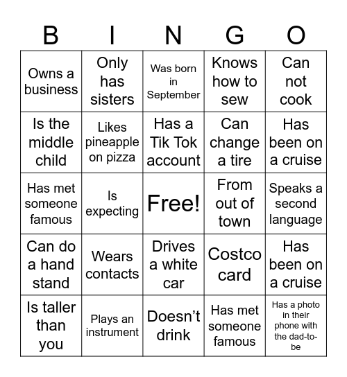 Find The Guest Bingo Card