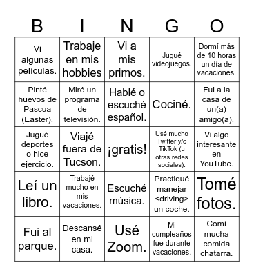 ¿Qué hiciste? Mis vacaciones de verano Bingo Card