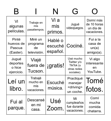 ¿Qué hiciste? Mis vacaciones de verano Bingo Card