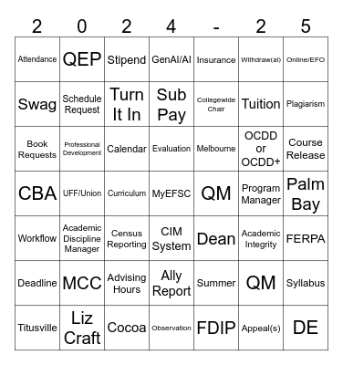 Comm/LibSci Welcome Back Bingo Card