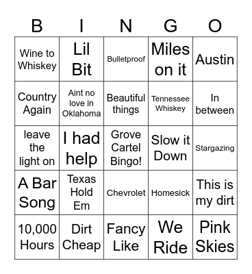 Current Country Songs Bingo Card