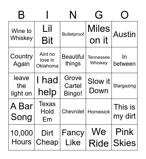 Current Country Songs Bingo Card