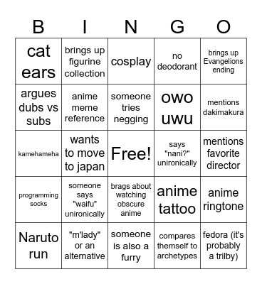 Weeb Speed Dating Bingo Card