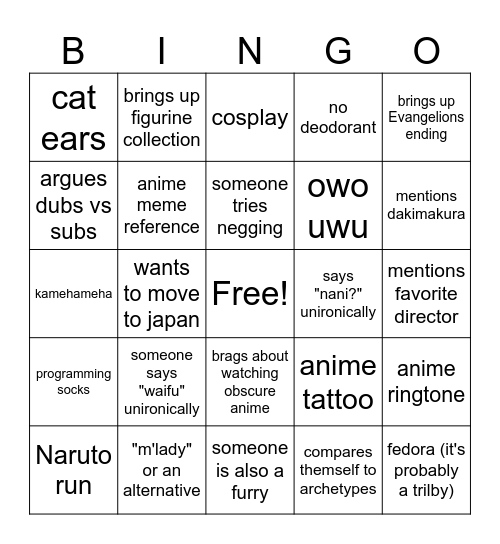 Weeb Speed Dating Bingo Card