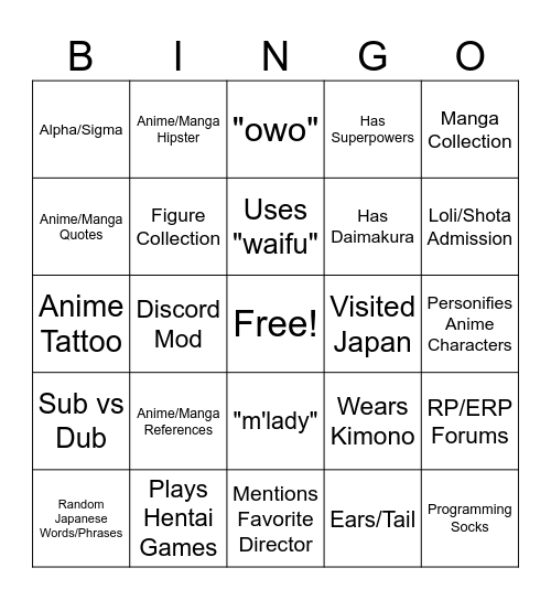 Sugoi Speed Dating Bingo Card