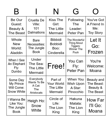 DISNEY SONGS; GAME 1 Bingo Card