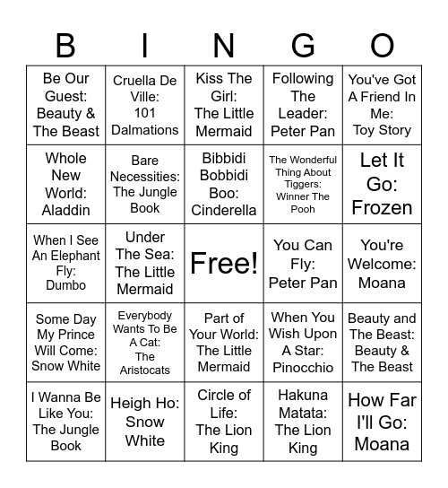 DISNEY SONGS; GAME 1 Bingo Card