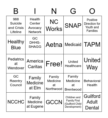 Caring Connections Bingo Card