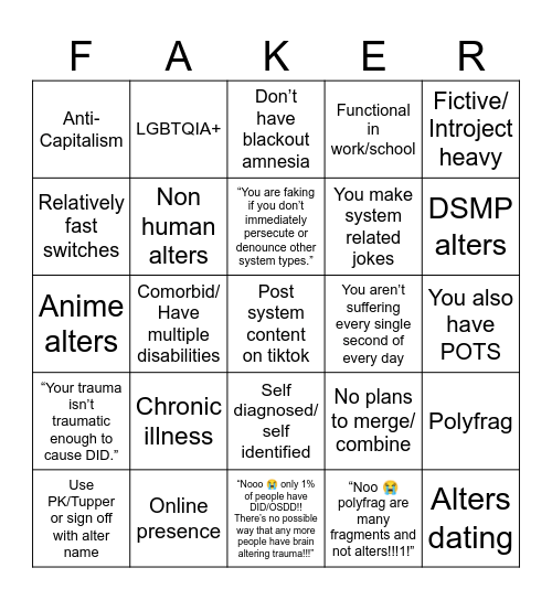 Things Fakeclaimers Fakeclaim Over Bingo (Traumagenic) Bingo Card