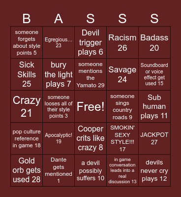 DPS bingo Card