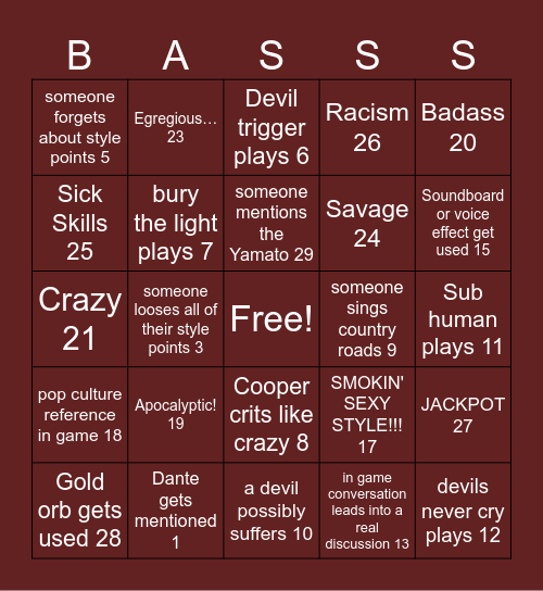 DPS bingo Card