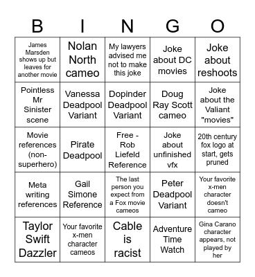 Deadpool And Wolverine Bingo Card