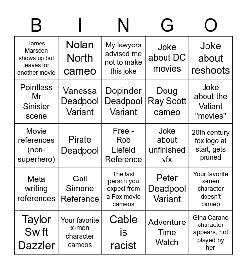 Deadpool And Wolverine Bingo Card